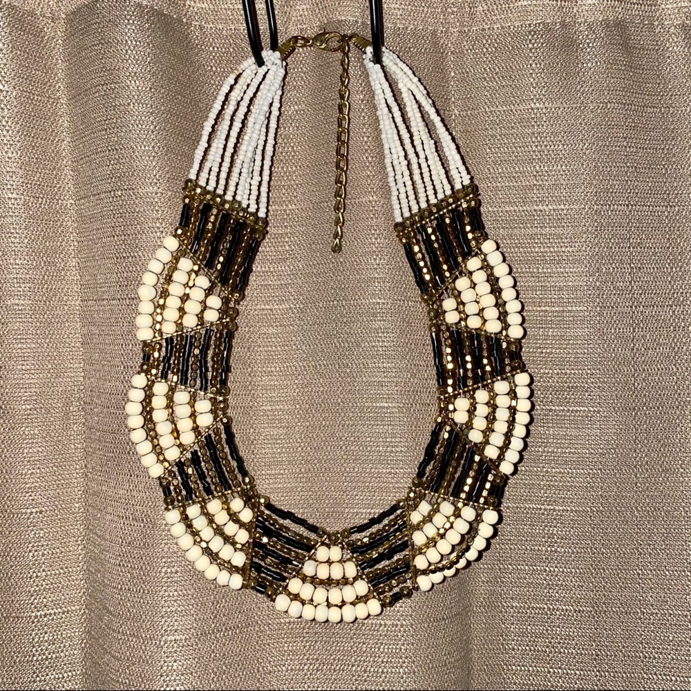 Black, gold & white beaded statement necklace